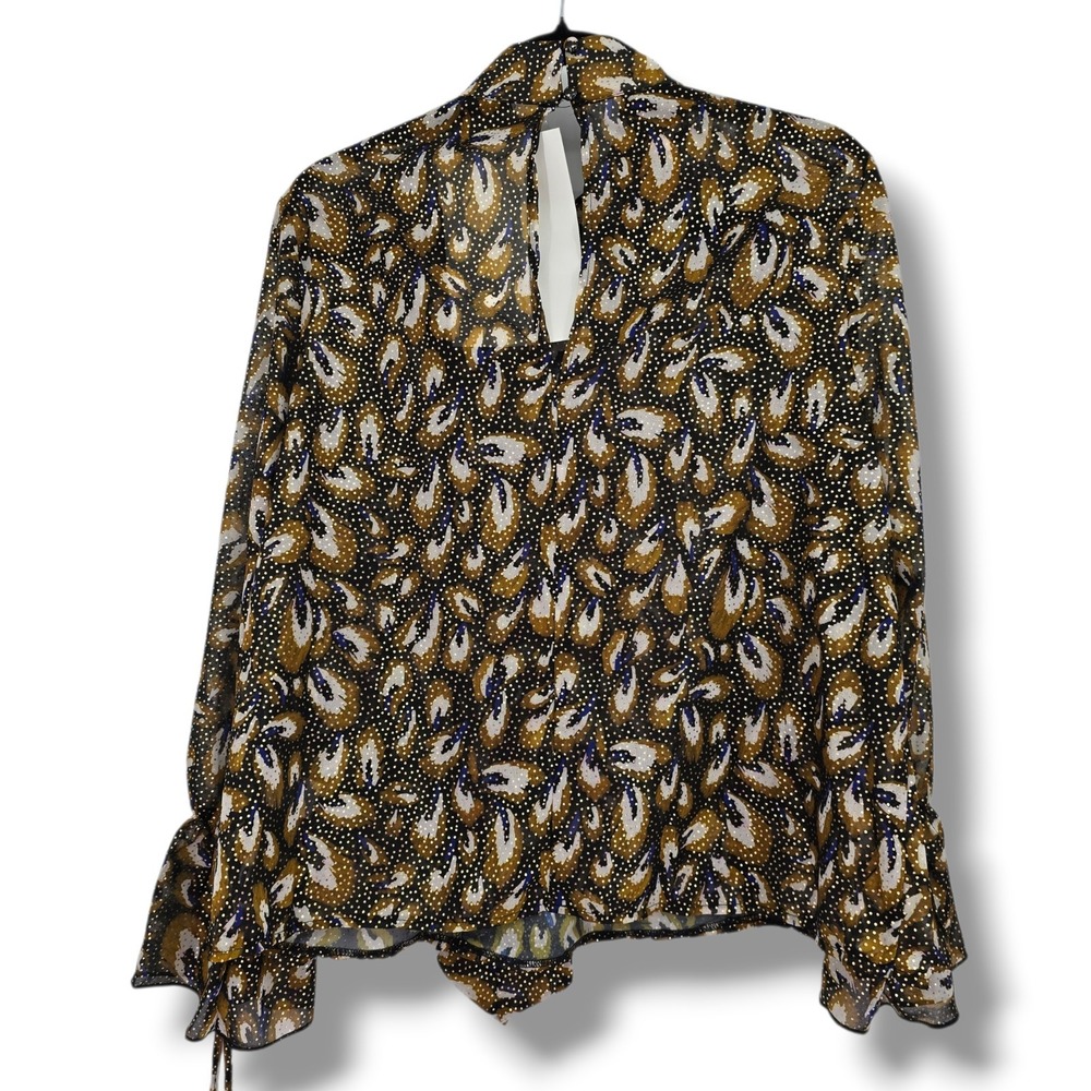 Little Mistress London Gold Foil Polka Dot Feather Print Tie Neck Blouse Size 14